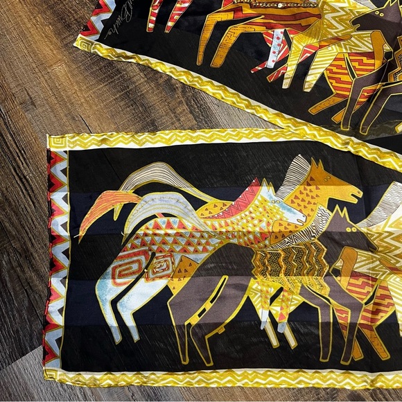 Laurel Burch Silk Scarf Native Horses With Sequins Black 53”x10” - Picture 5 of 11